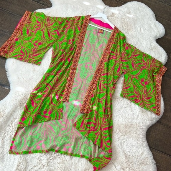 DESIGNER SET SIZE M Green Leaf Print Midi Viscose Kimono with Embroidery… - Picture 13 of 16